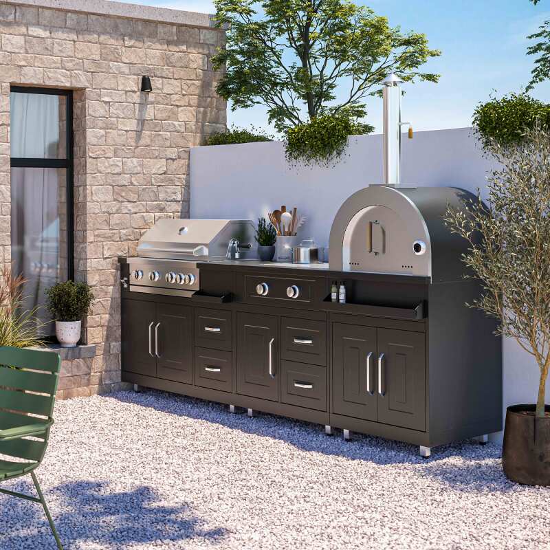 Cuisine extérieure en métal avec four à pizza, gazinière, barbecue et rangements - 3 modules – Image 2