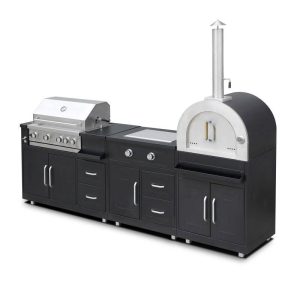 Cuisine extérieure en métal avec four à pizza, gazinière, barbecue et rangements - 3 modules