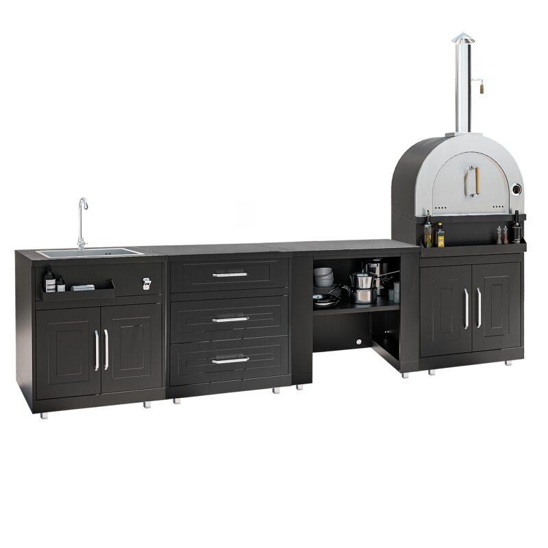 Cuisine extérieure en métal avec évier, four à pizza et rangements - 4 modules