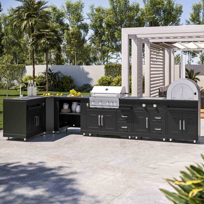 Cuisine extérieure en métal d'angle avec four à pizza, gazinière, barbecue et rangements - 6 modules – Image 2