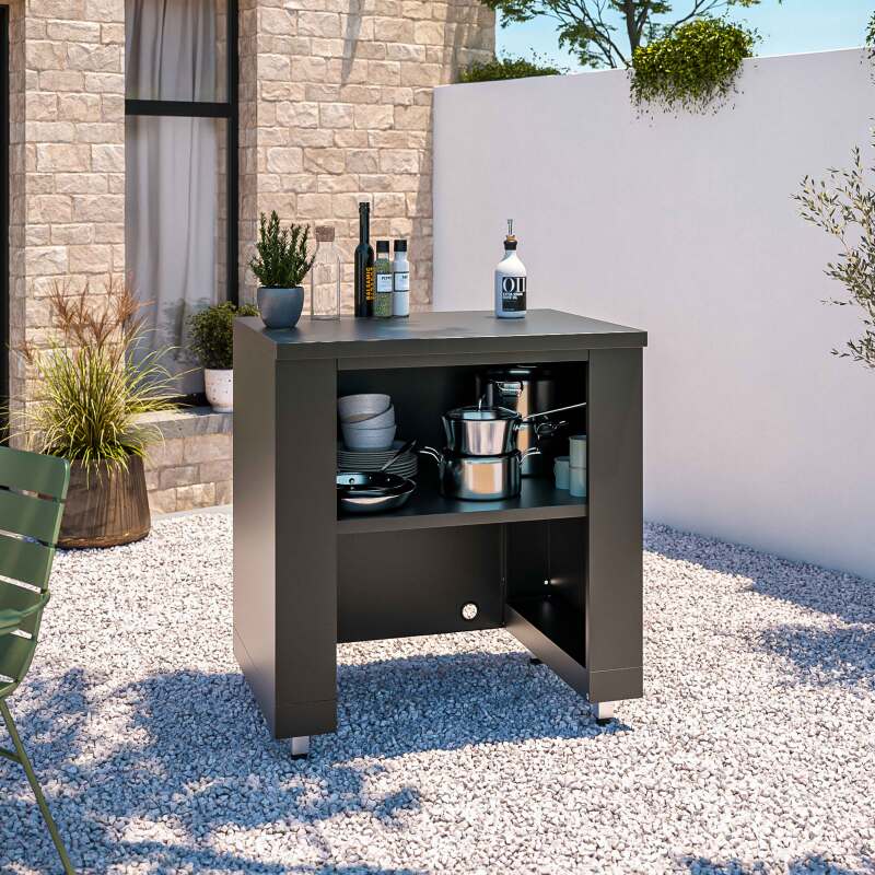 Cuisine extérieure en métal d'angle avec four à pizza, gazinière, barbecue et rangements - 6 modules – Image 5