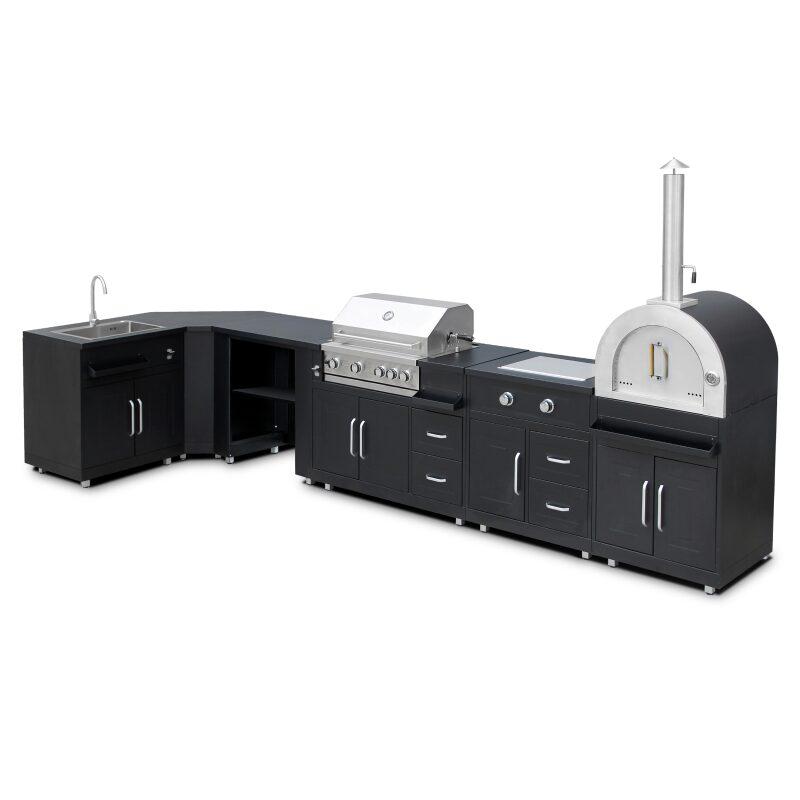 Cuisine extérieure en métal d'angle avec four à pizza, gazinière, barbecue et rangements - 6 modules
