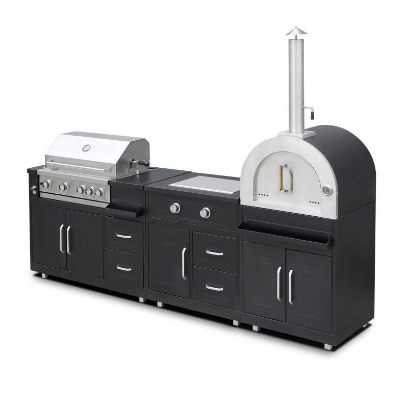 Cuisine extérieure en métal avec four à pizza, gazinière, barbecue et rangements - 3 modules