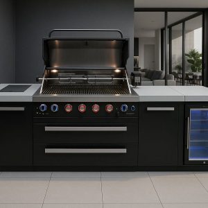 Cuisine extérieure Mont Alpi à 6 brûleurs  avec réfrigérateur, brûleur latéral infrarouge et kit rôtisserie