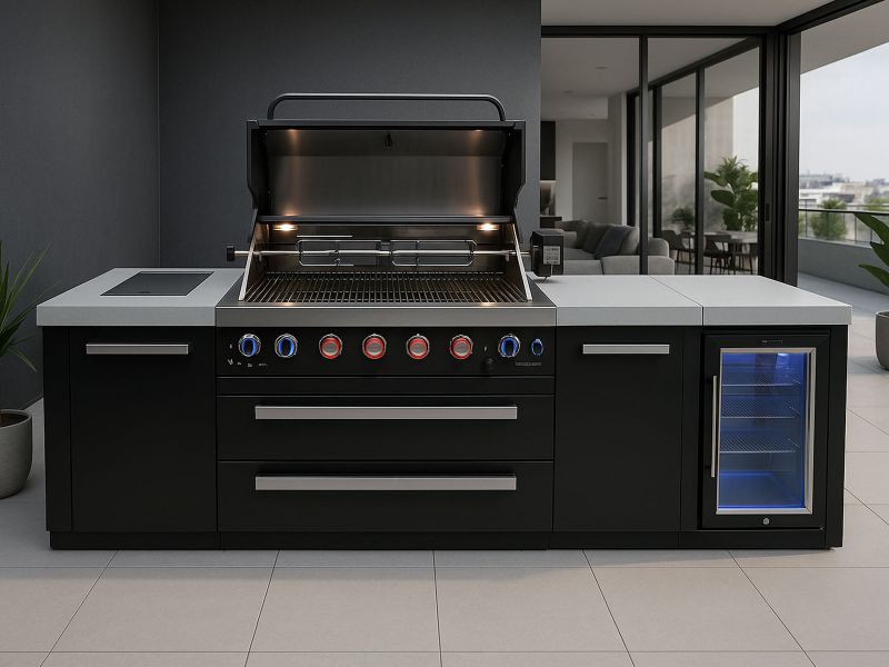 Cuisine extérieure Mont Alpi à 6 brûleurs avec réfrigérateur, brûleur latéral infrarouge et kit rôtisserie